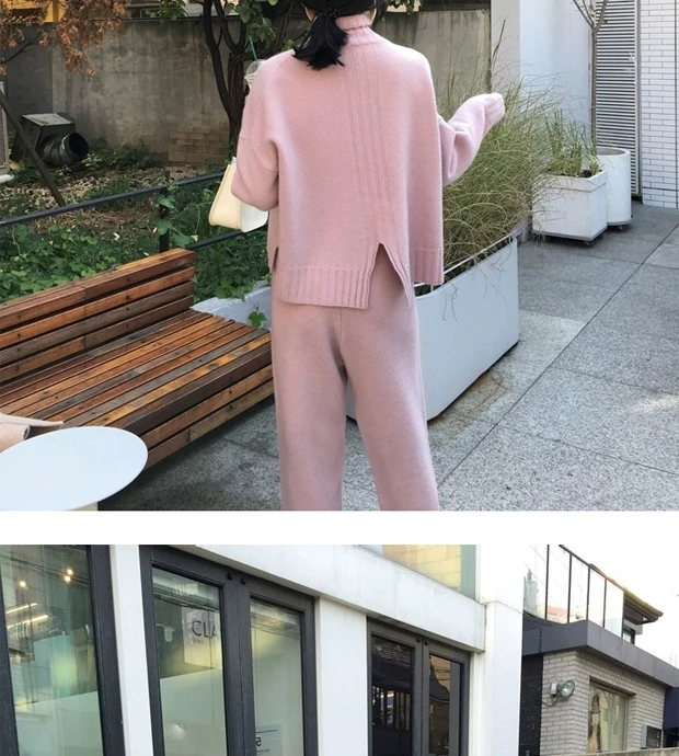 New arrival Autumn winter Knitted Tracksuit Turtleneck Sweatshirts for Women Suit Clothing 2 Pcs Set Knit top Pants suit Female