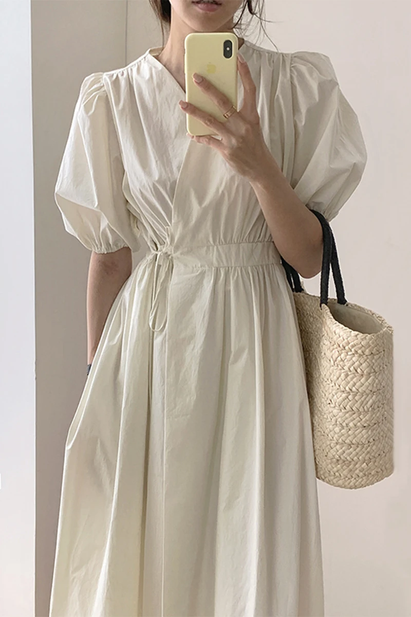 

SuperAen French V-neck Cross Tie Waist Slim Puff Sleeve A-LINE Belt Casual Ankle-Length Woman Dress