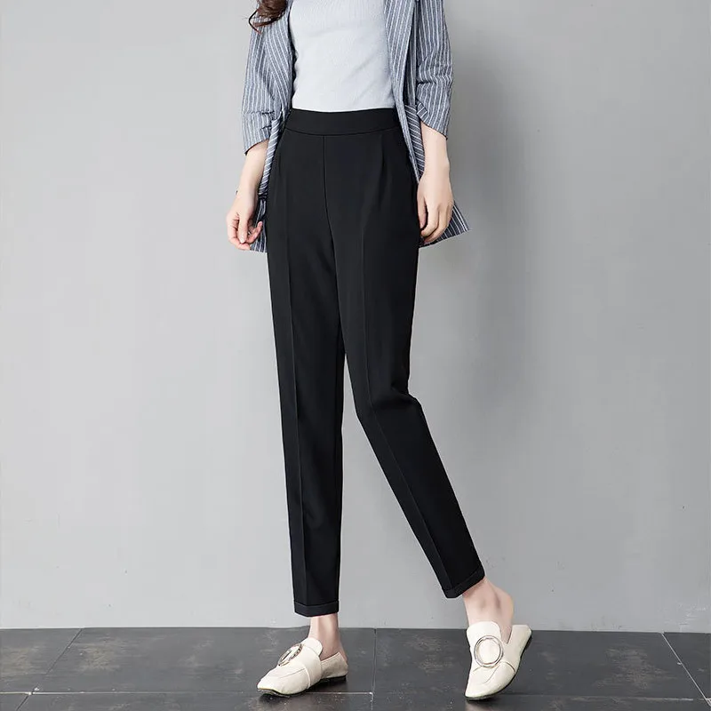 

Women Harem Pants Summer Elastic Waist Plus Size Office Chiffon Capri Pencil Black Work Pants For Women High Waist Trousers Thin