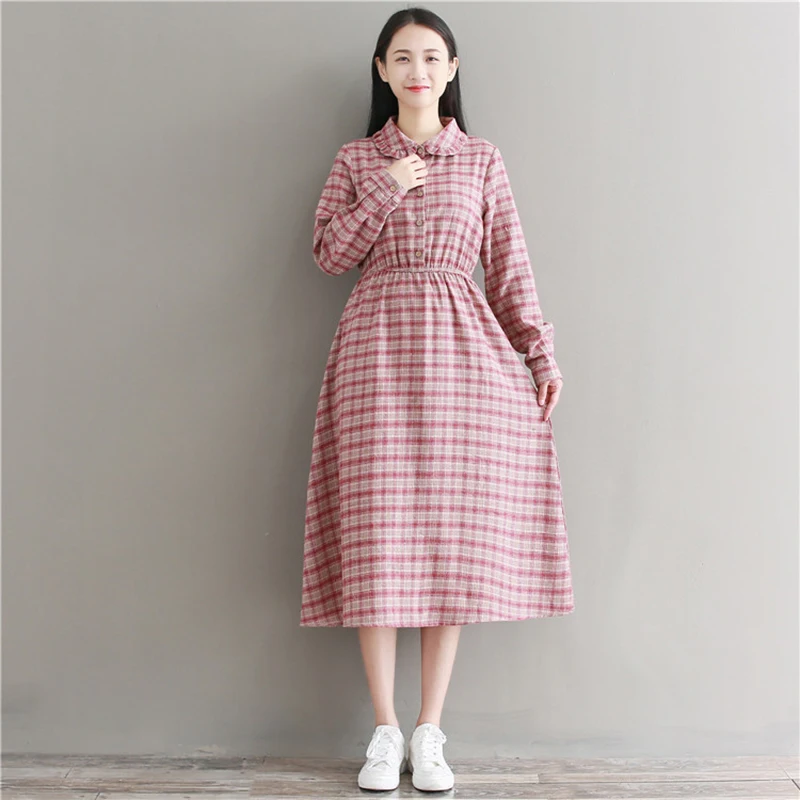 Осеннее женское платье с длинным рукавом винтажное хлопковое и льняное в клетку