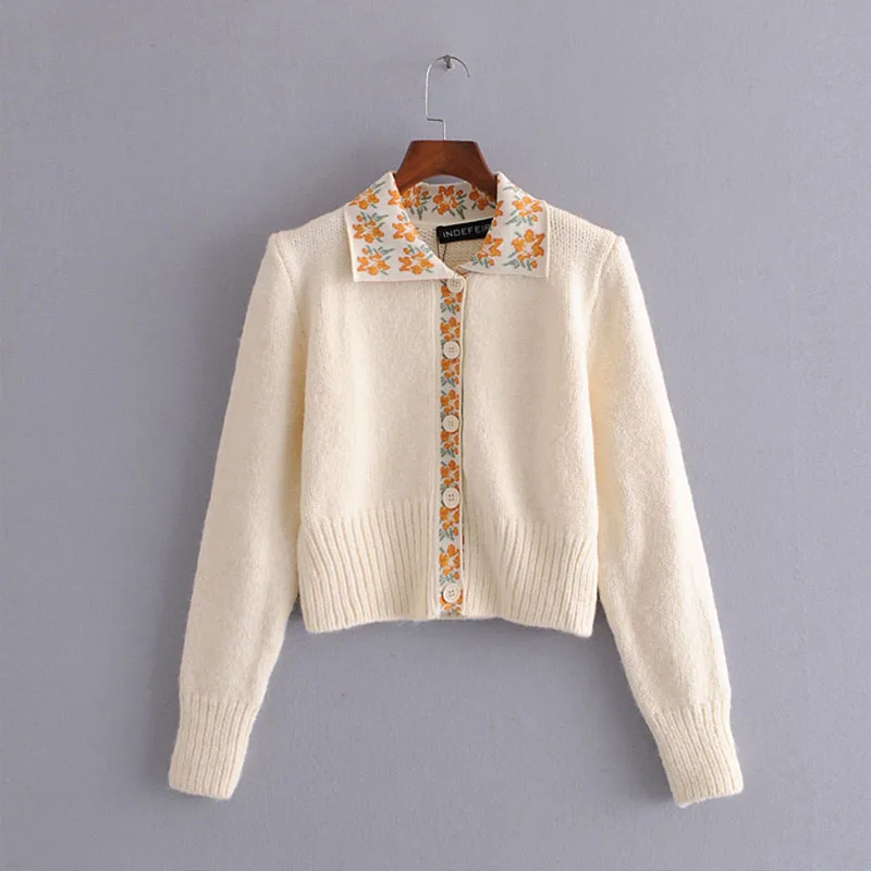 

OLOMM Single Elegant Breasted Sweater Women Winter New Small Floral Print Stretch Knitted Cardigan Tops All-match Female Clothes