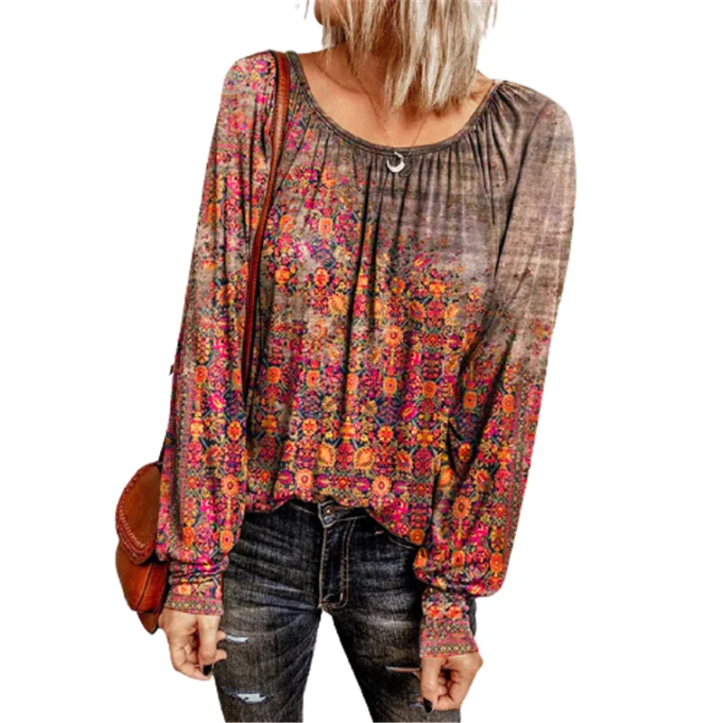 

2021 New Autumn Winter Women's T shirts Long Sleeve O-Neck Loose Casual Female Tee Shirts Vintage Floral Print Ladies Shirts Top