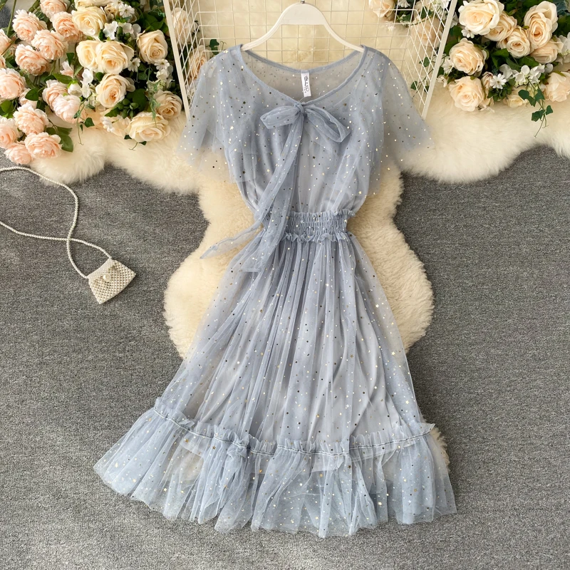 

Internet Celebrity Section Bling Glitter Mesh Skirt Fairy Girl Mori Style Sweet Lotus Leaf round Neck Dress