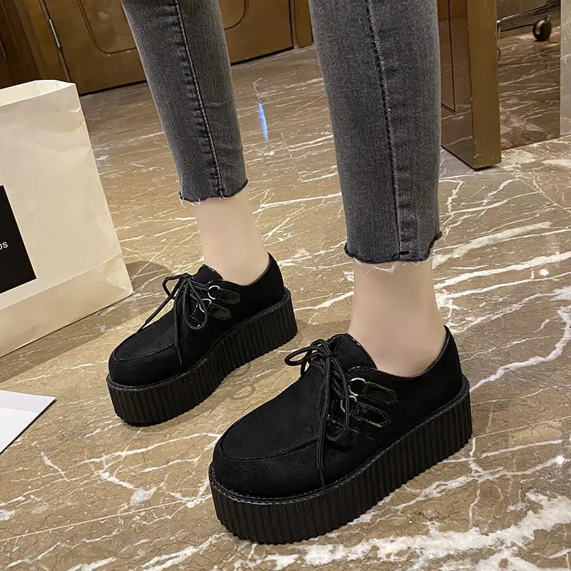 

2021 Spring And Autumn European And American New Thick Bottom Muffin Heel Fashion Round Head Middle Heel Shoes Single Shoes