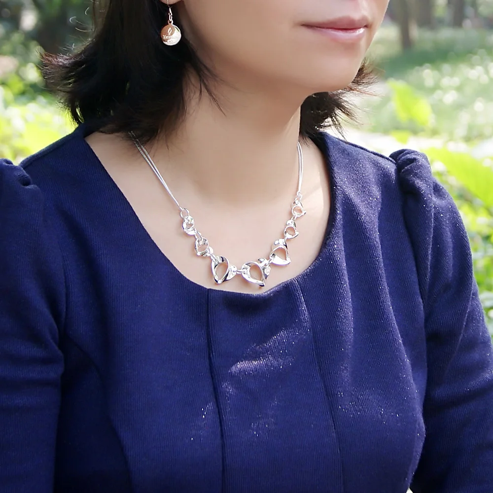 

Vintage Double Heart Pendant Necklace For Women 925 Sterling Silver Snake Chain Charm Necklaces Choker Female Jewelry New