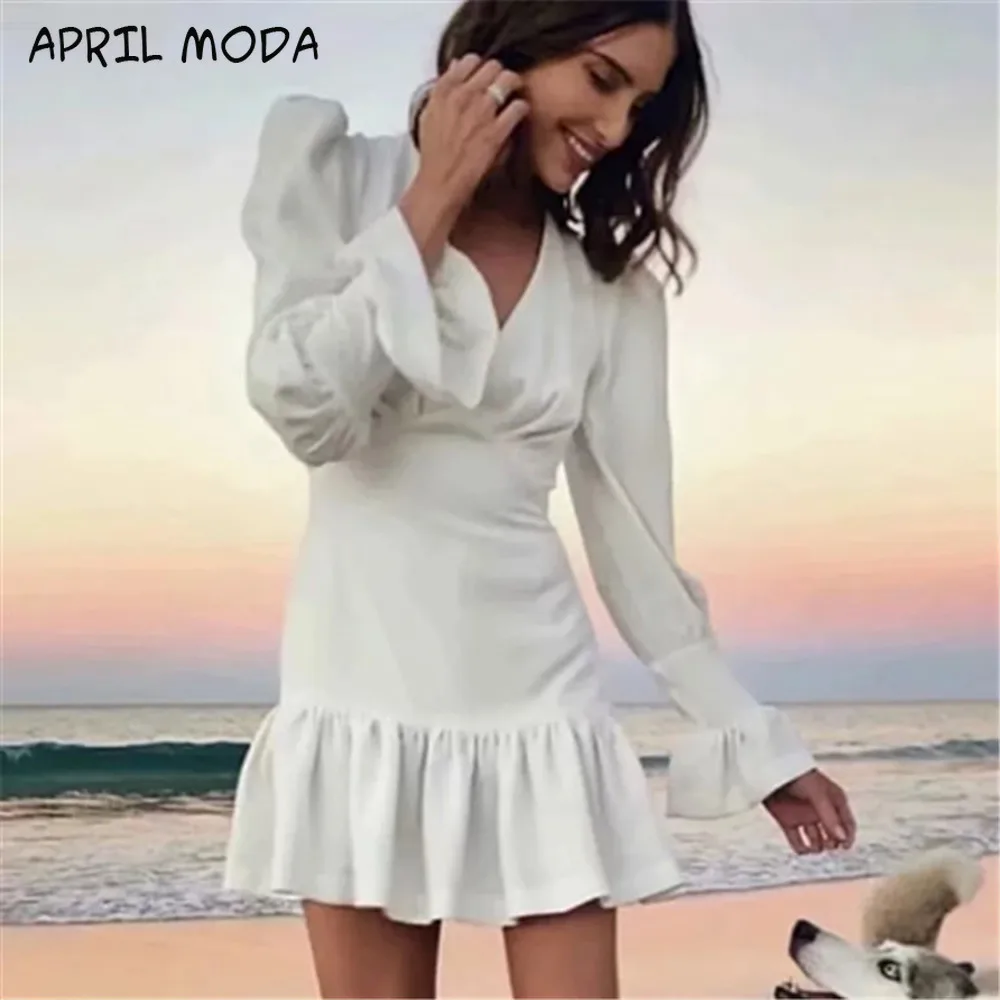 

Vintage 2021 New Spring Deep V Neck Ruffles White Long sleeve Dress Women Ruffles Cuff Back Zipper Mini Short Holiday Dresses