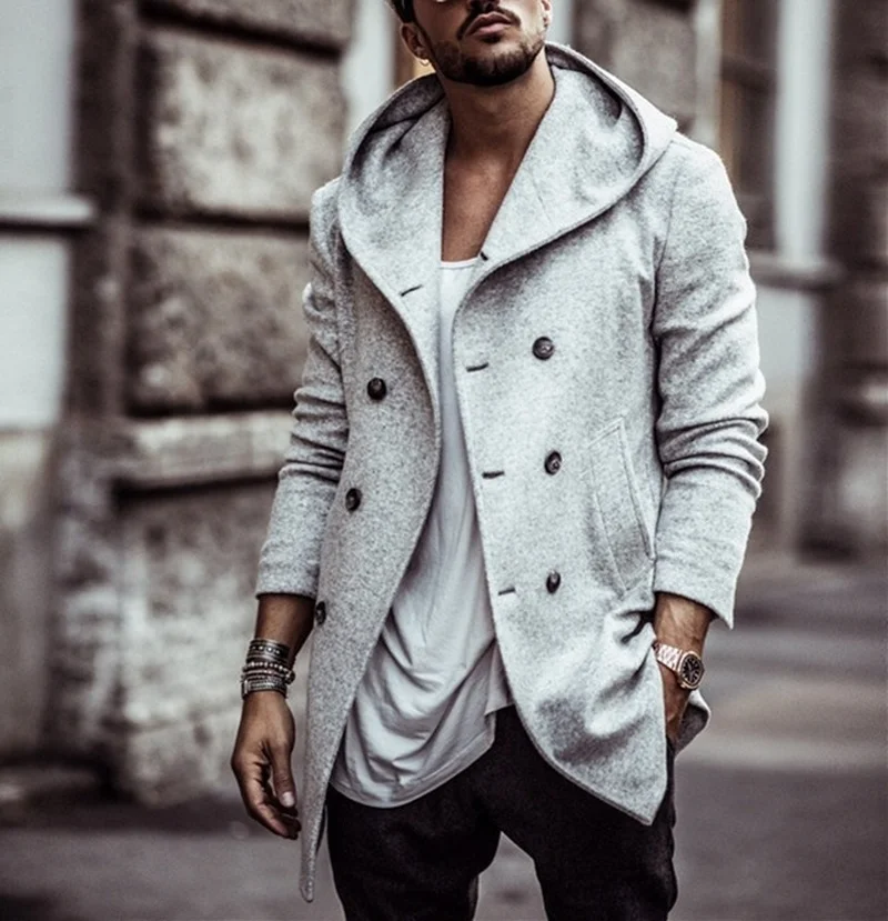 

Men 's Fashion Trench Coat 2021 Spring And Autumn Korean Style Hooded Casual Double Breasted Coat