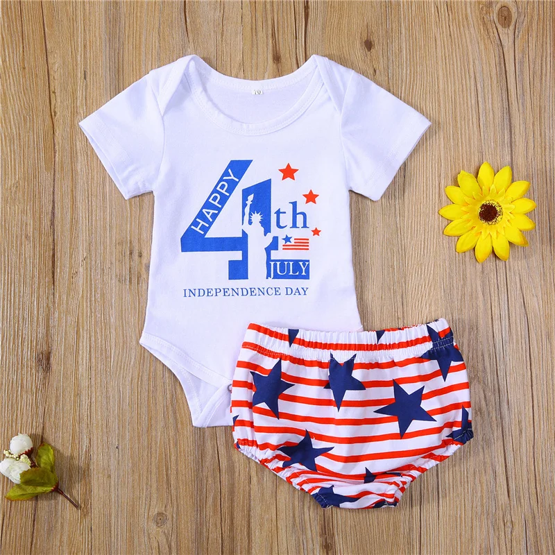 

0-18 Months Toddler Independence Day Cotton Short-sleeved Romper + Shorts, American Striped Flag Print Summer Casual Outfits