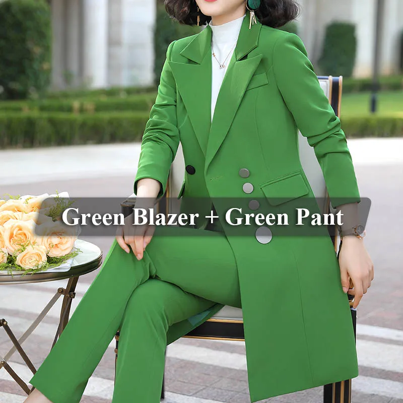 Green pant suit Lenshin длинный пиджак и брюки; костюм в уличном стиле; двубортный комплект из двух предметов с брюками - Цвет: Green pant suit