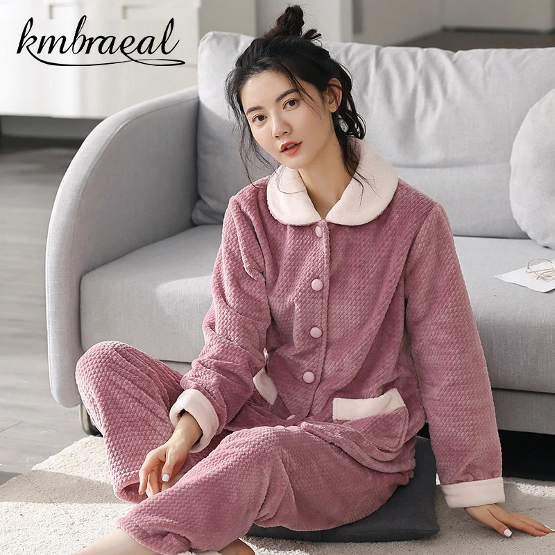 2pcs Pajamas for Women Winter Flannel Long sleeve Sleepwear Thick good quality Warm Homewear Coral fleece Solid Color Plus Size