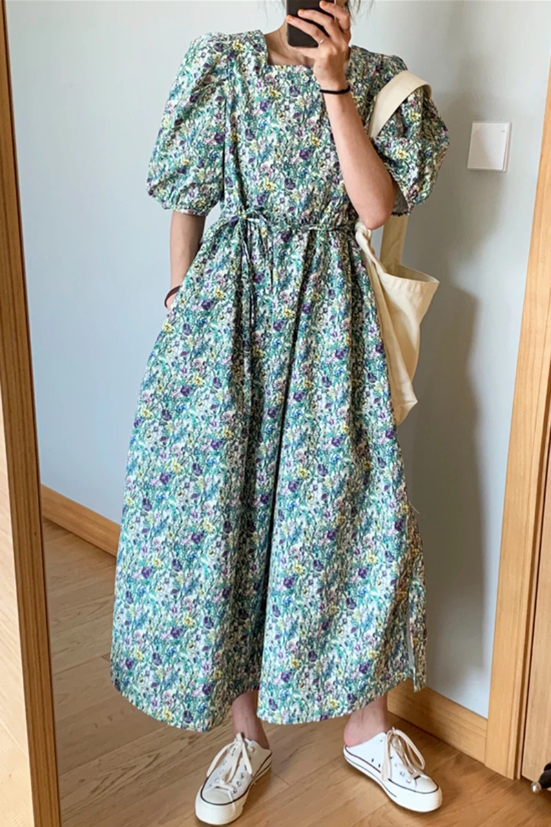 

YAMDI woman vintage midi dress women dresses party 2020 new a-line elegant short sleeve korean summer square collar vestidos