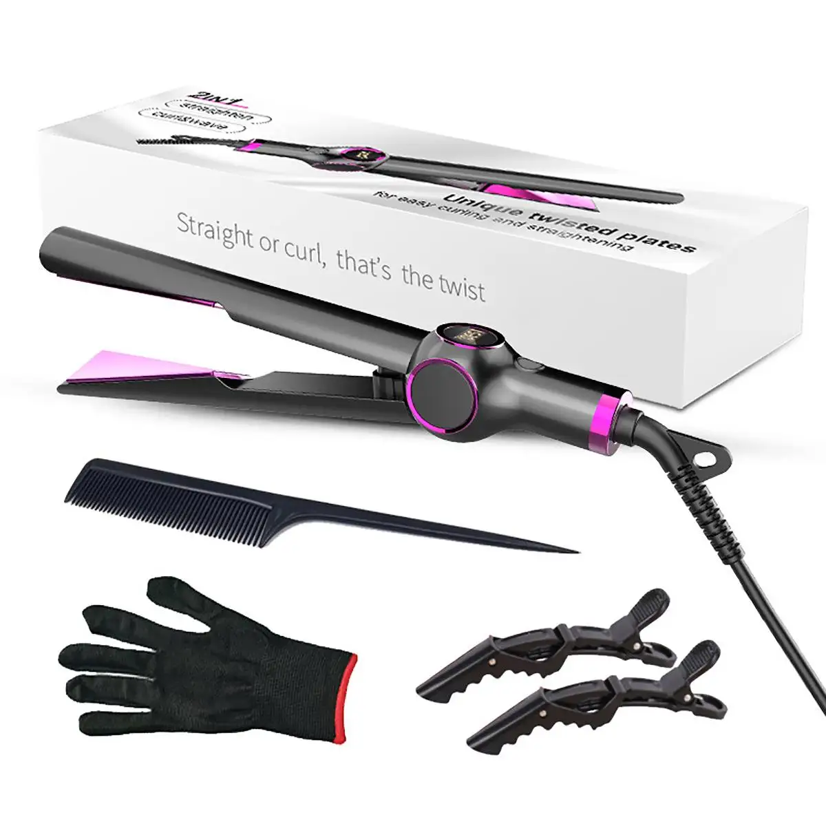 

2 In 1 Ceramic Plate Hair Curler Wand Hair Straightener Professional 10Gears with Wide Heating Plate and LCD Screen Dry & Wet