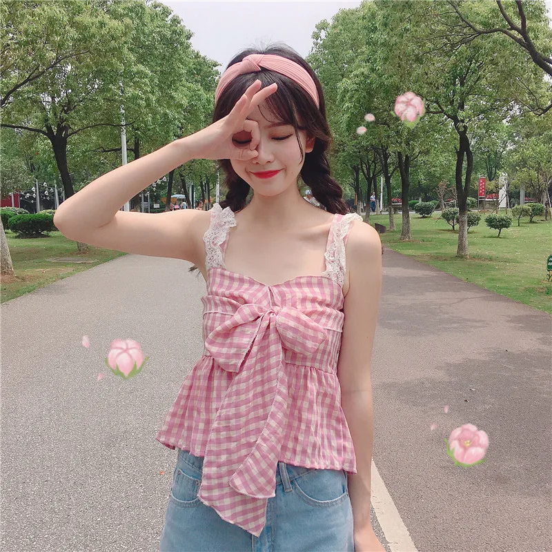 

Japanese Preppy Style Summer New Sling Tops Vintage Square Collar Lace Sweety Bandage Bow Sleeveless Cute Folds Camis Plaid Tops