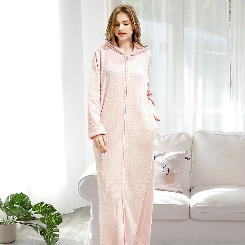 

Women Sleepwear Winter Plus Size Long Warm Flannel Bathrobe Bride Cozy Hooded Bath Robe Pregnant Zipper Night Dressing Gown Men