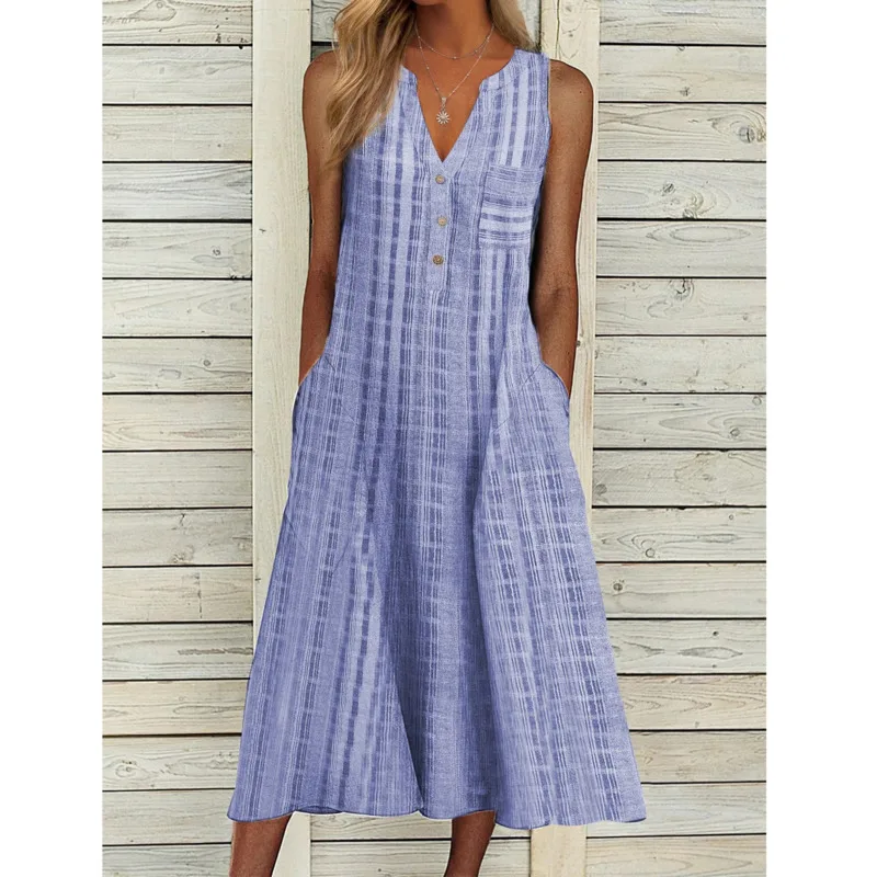 

2021 Summer New Party Long Casual Dress Elegant Fashion Pocket Deep V-neck Sleeveless Striped Dress Clothes Ladies Dresses Skirt