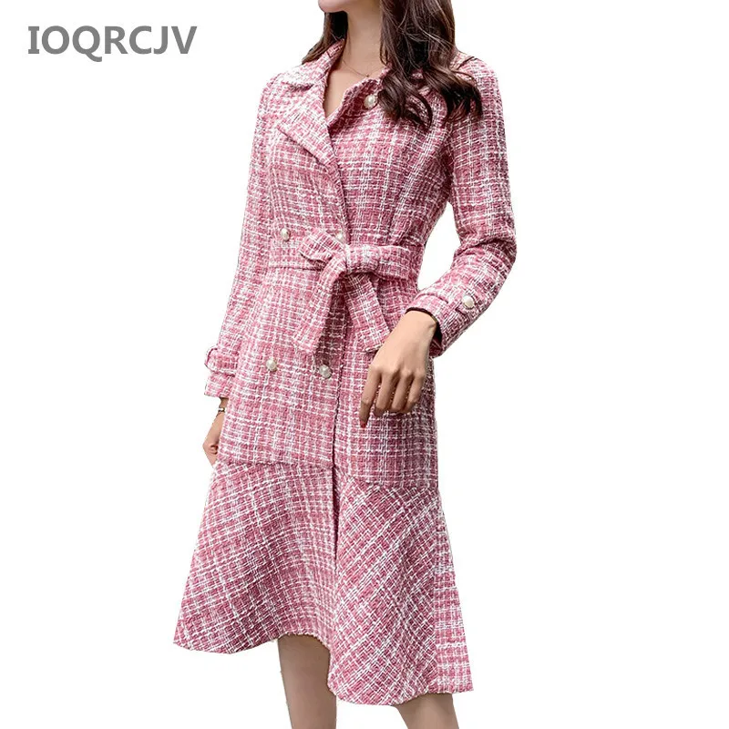 

Women Spring Vintage Woolen Trench Coat New Plaid Turn-down Collar Double-breasted Long Overcoat With Belt Casaco Feminino L152