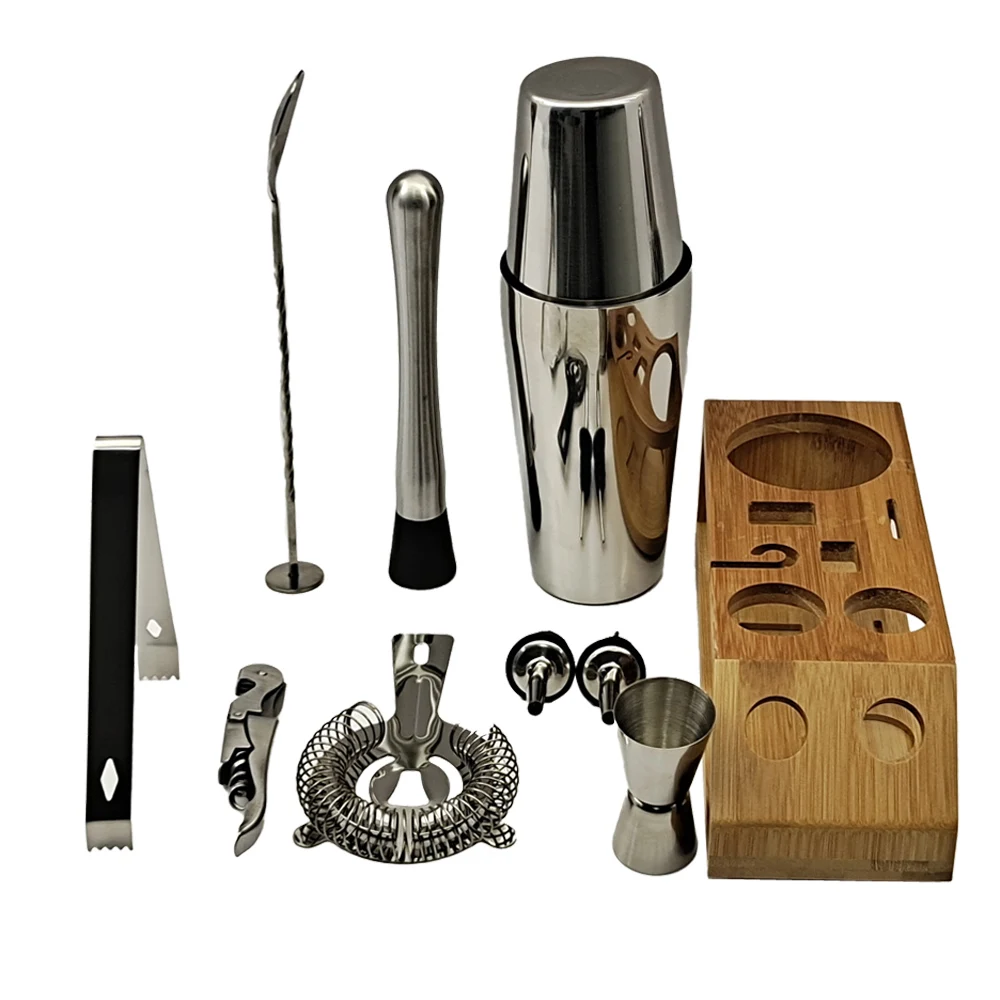 Kit de barman, juego de coctelera, soporte trapezoidal de bamb&uacute;, para bebidas mezcladas, juego de herramientas para el hogar de Bar, Martini, acero inoxidable, 10 piezas-5