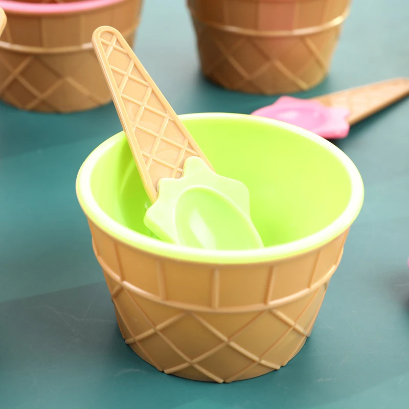 

12Pcs Children Colored Ice Cream Bowl + Cone Spoon Plastic Bowl Party Accessory