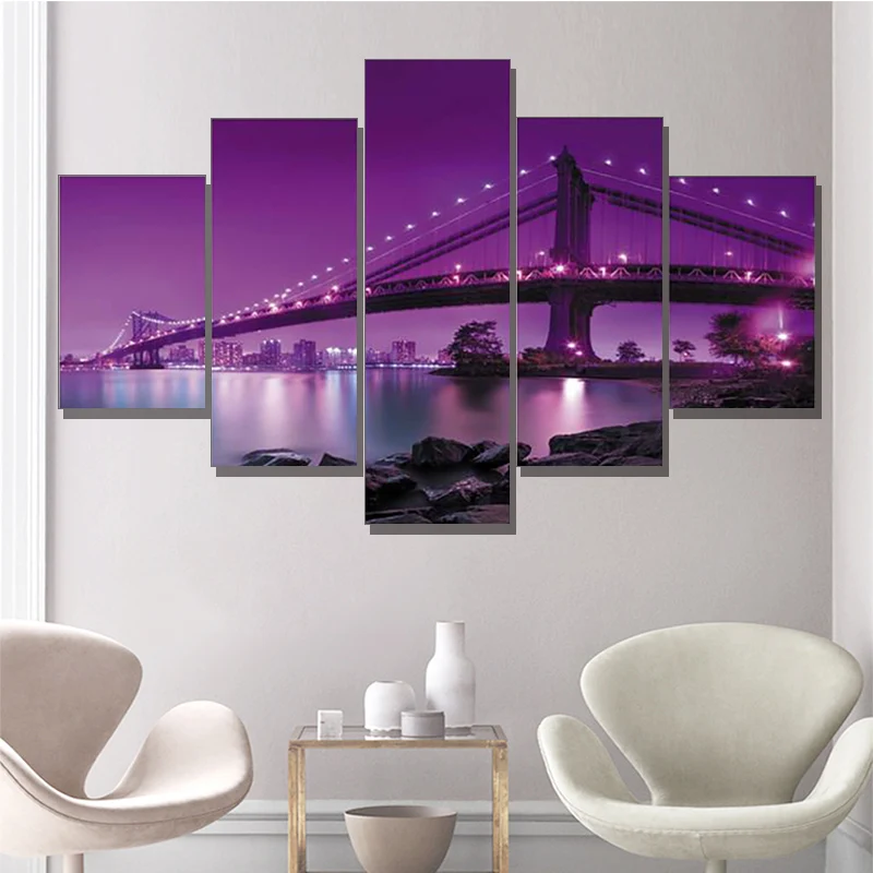

Modular Canvas HD Print 5 Piece/Pcs City Purple Night Painting Frame Wall Art Posters Modern Home Decoration Living Room Picture