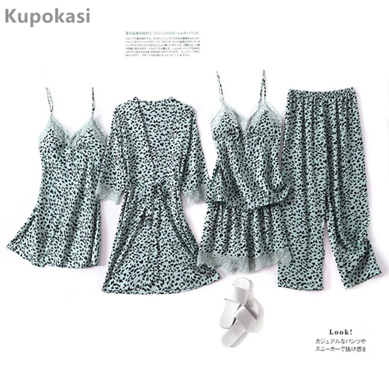 

Kupokasi 5pcs Women Pajamas Set Silk Satin Sleepwear Leopard PJS Autumn Sling Lace Sexy Robe For Woman Kawaii Nightdress