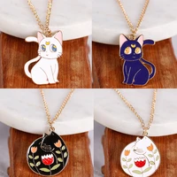 fashion lady necklace lady dripping oil animal cat pendant cartoon shape black and white alloy animal pendant girl birthday gift