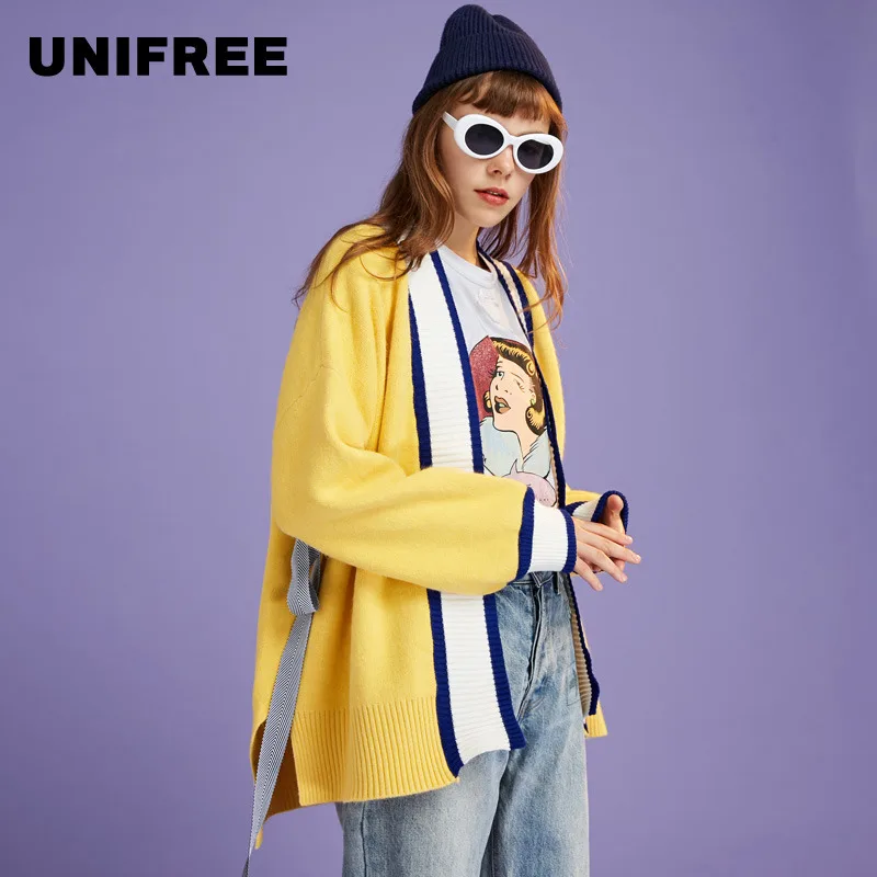 UNIFREE 2022 Autumn And Winter New Arrival Sweater Women Top Yellow Color Korean Fashion Loose Clothing Cardigan |