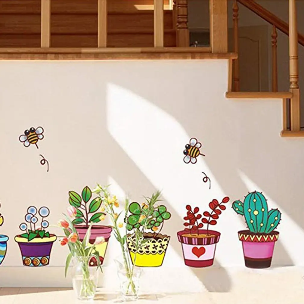 

Colorful Potted Plants Lovely Bee Wall Sticker Decorative Stickers For Living Room Bedroom Mural Sticker