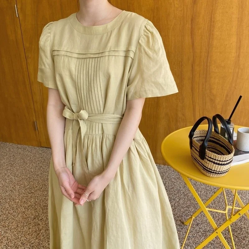

Korejpaa Women Dress 2021 Summer Korea Elegant Gentle Solid Color O Neck Pleated Design Pleated Lace Waist Short Sleeve Dresses
