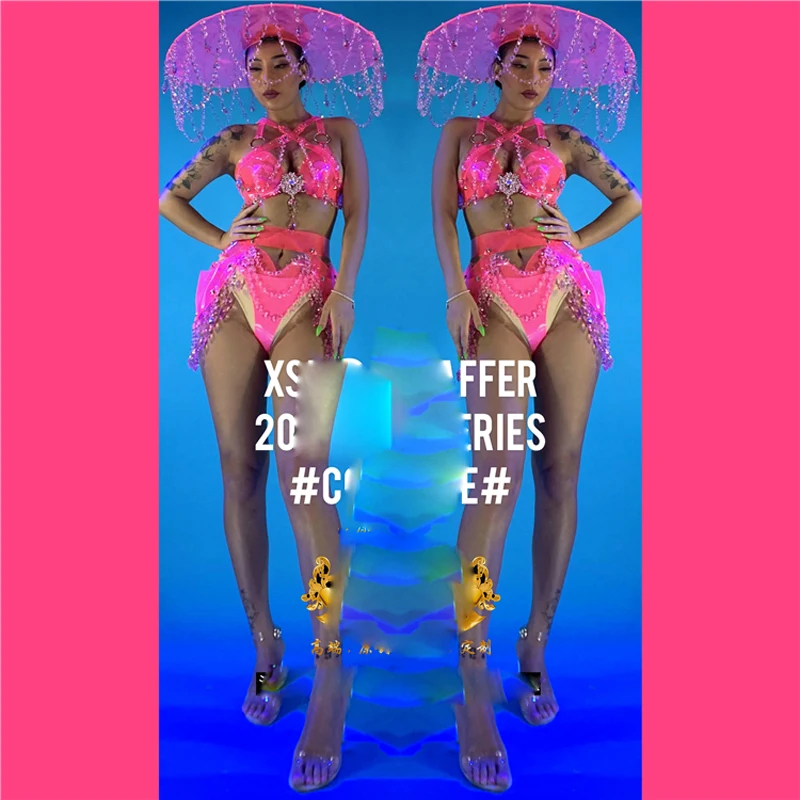 Sexy Pink gogo costume transparent crystal pendant headwear girl nightclub stage dance team costumes