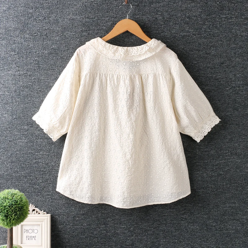 

Summer new women's Japan style small fresh pure color embroidered cotton top short sleeve shirt