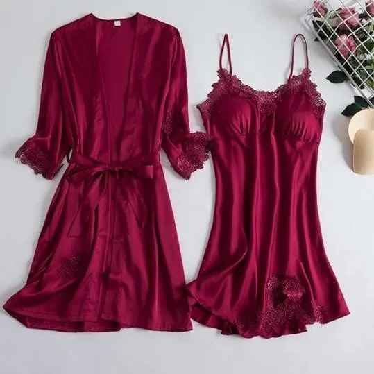 

Lace Sexy Two Piece Set Women Sleepwear Bride Bridesmaid Wedding Robe Sexy Perspective Kimono Bathrobe Gown With Chest Pads