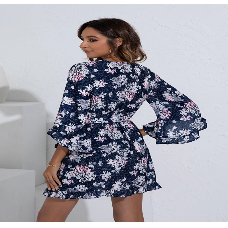 

Summer Dress Women Clothing Robe Femme Flower Print A-Line Dresses Bandage Ruffles V-Neck Mini Dress For Woman Vestido De Mujer