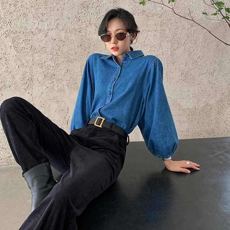 

Vintage Women Denim Jacket Autumn Winter Puff Sleeve Loose Casual Harajuku Street Jean Jacket Coat Female Single-Breasted Tops