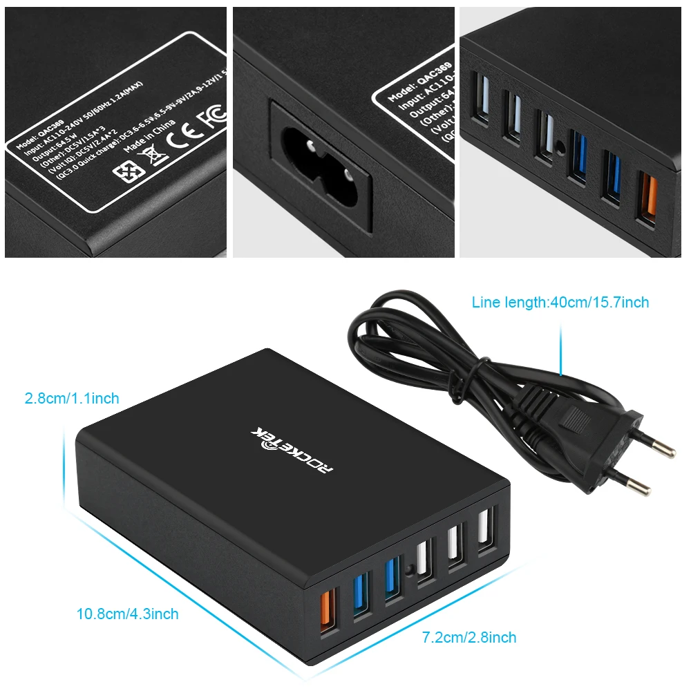 Rocketek Quick Charge 3 0 зарядное устройство 6 USB Smart Fast Turbo мобильное для iPhone7 Samsung Galaxy s6 Xiaomi EU