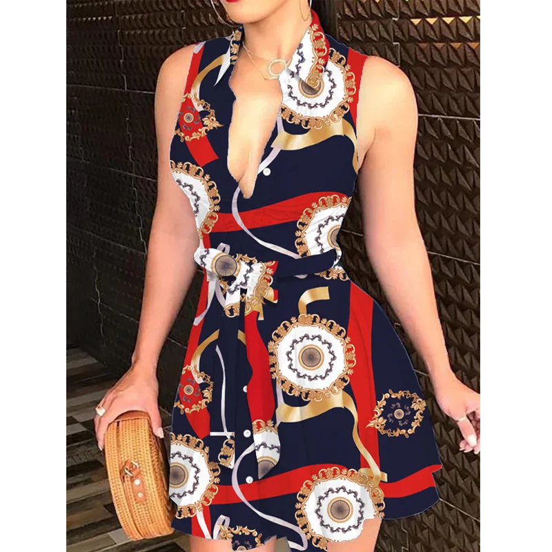 

2021 Trendy Women Summer Dresses Sleeveless V-Neck Tie Waist Shirt Dress