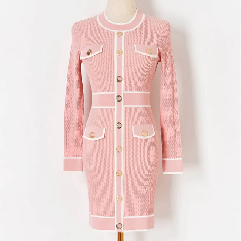 

New Elegant Black Sweater Dress 2021 Autumn Winter Pink Long Sleeve Dress Women Round Neck Single Breasted Bodycon White Dress