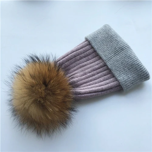 Purple-grey N Зимняя шапка, модная шапка с натуральным мехом, женские шапки с помпоном, кашемировый шерстяной вязаный берет, меховая шапка с помпоном, шапка с большим мехом енота - Цвет: Purple-grey N