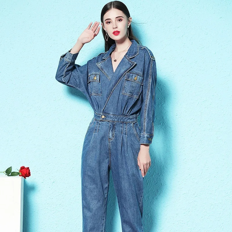 Комбинезон женский джинсовый с V образным вырезом весна осень| |