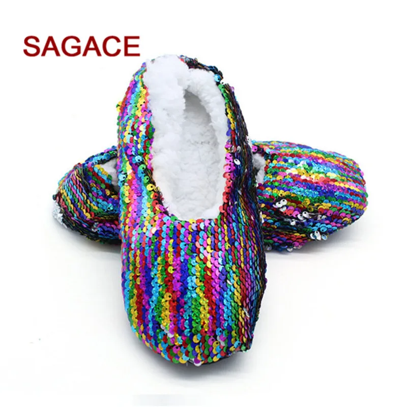 Женская зимняя обувь снежные домашние тапочки женские блестящие цветные блестки