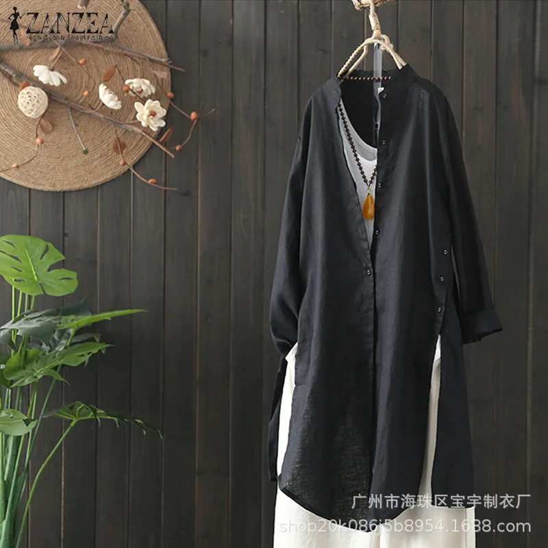 

Cotton Linen Womens Tops And Blouses Vintage Plus Size Long Sleeve Female Tunic Work OL Long Shirt Cardigan Blouse Casual Blusas