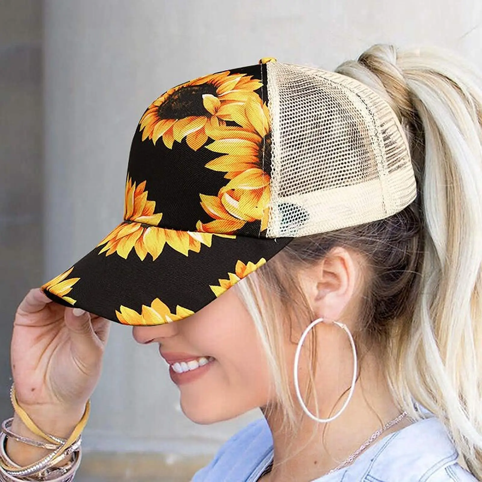 

Fashion Beach Women Sunflower Baseball Cap Mesh Hollow Criss Cross Ponytail Dad Hat Summer Girls Print Hats