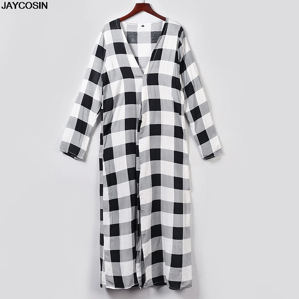 Длинный женский кардиган JAYCOSIN летняя Клетчатая рубашка с длинным рукавом