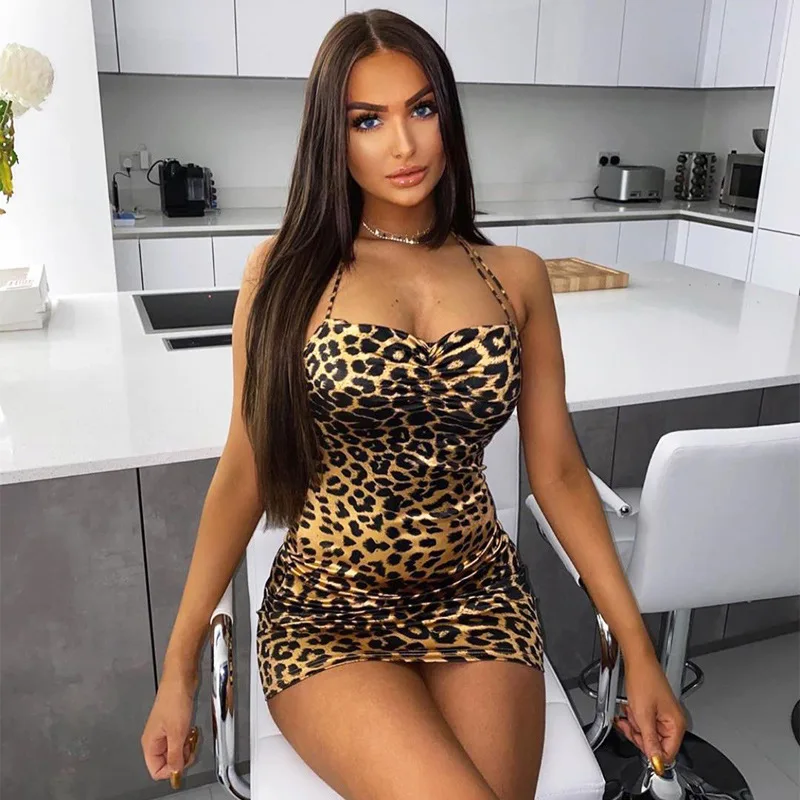 Женское леопардовое платье InstaHot сексуальное облегающее мини на бретелях