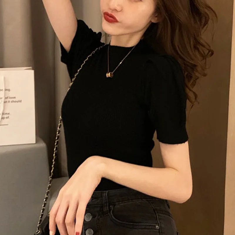 

Short Sleeve T-shirt Women's 2021 Blusas Mujer De Moda Bubble Sleeve Short Tops Black Solid Fashion Slim Clothing Vintage 0660