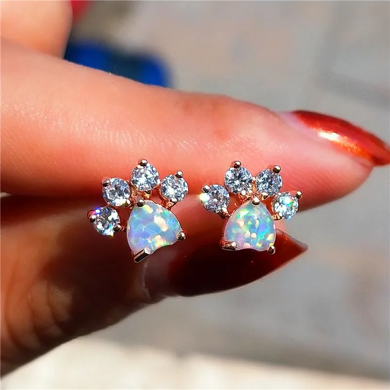 

White Blue Pink Opal Heart Stone Earrings Cute Cat Paw Dog Claw Stud Earrings For Women Wedding Rose Gold Silver Color Earrings