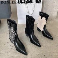 fashion boots women pointed toe mid heels ankle boots thick square heel slip on casual western boots cowboy boots botas de mujer