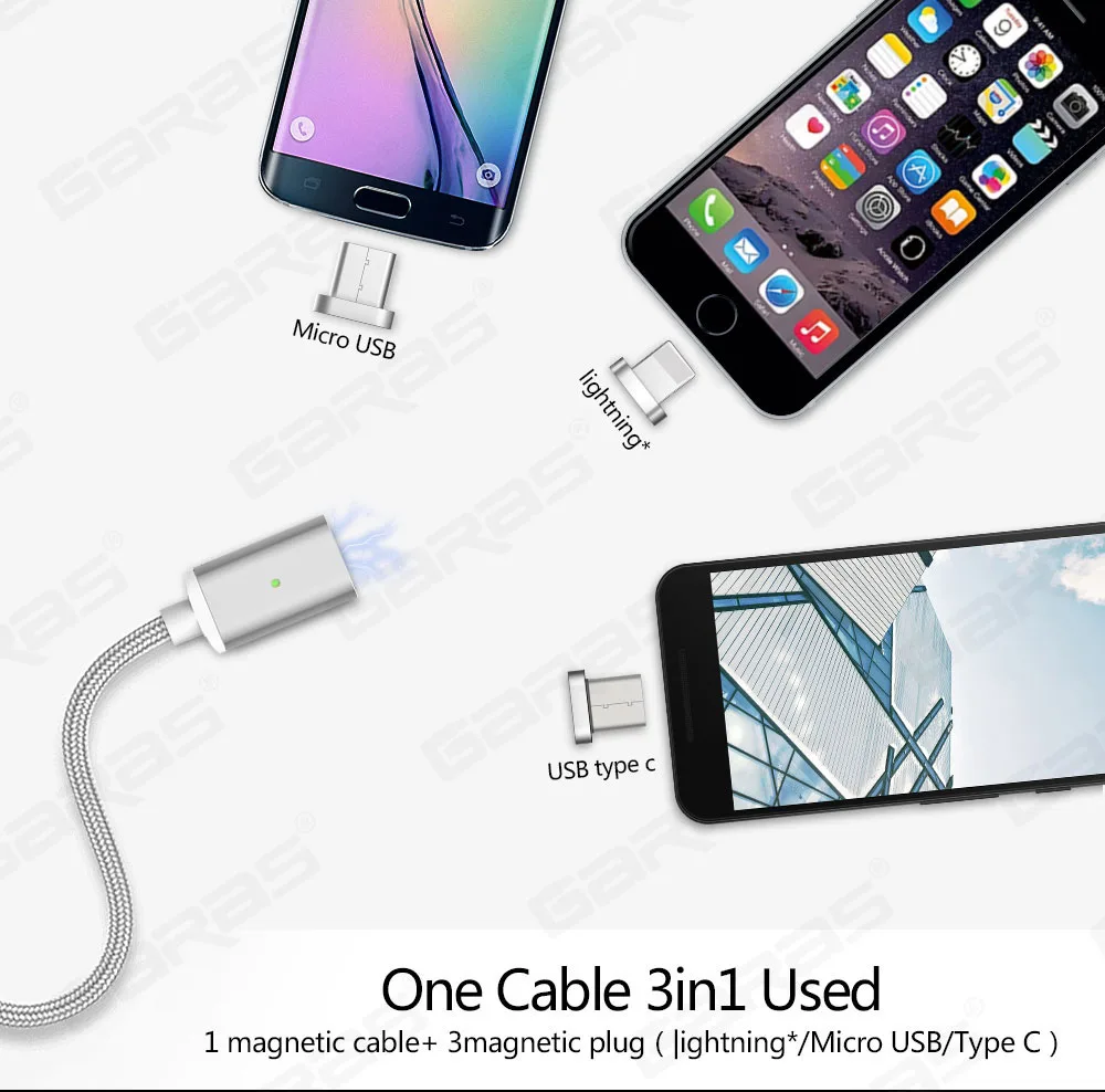 Магнитный кабель GARAS адаптер USB Type-C 3 в 1 для быстрой зарядки мобильный телефон