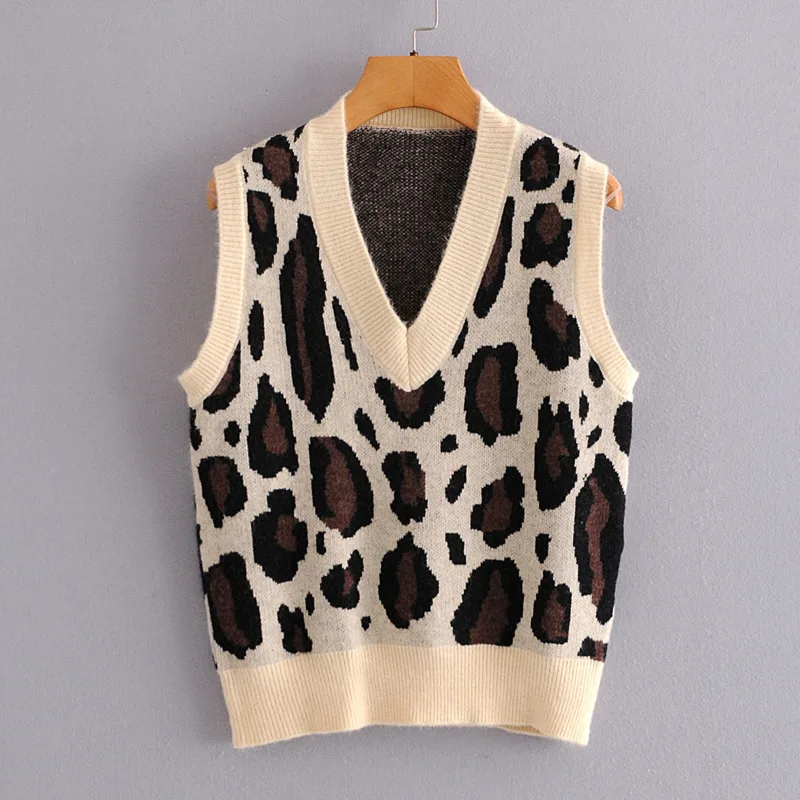 

Urifens V Neck Knitted Pullover 2021 Spring College Style Leopard Student Sweater Vest Women Casual Chic Korean Sweater BN47U