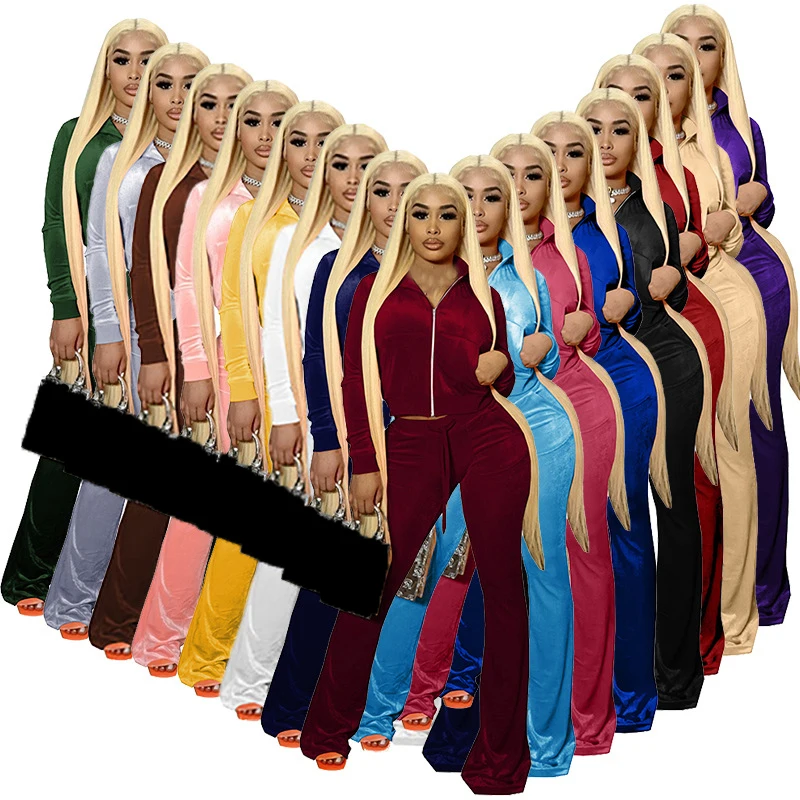 

Velvet Tracksuit 2 Piece Set Women Spring Autumn Fashion Big Pockets Long Sleeve Short Jacket+High Waist Flare Pants Suit Female