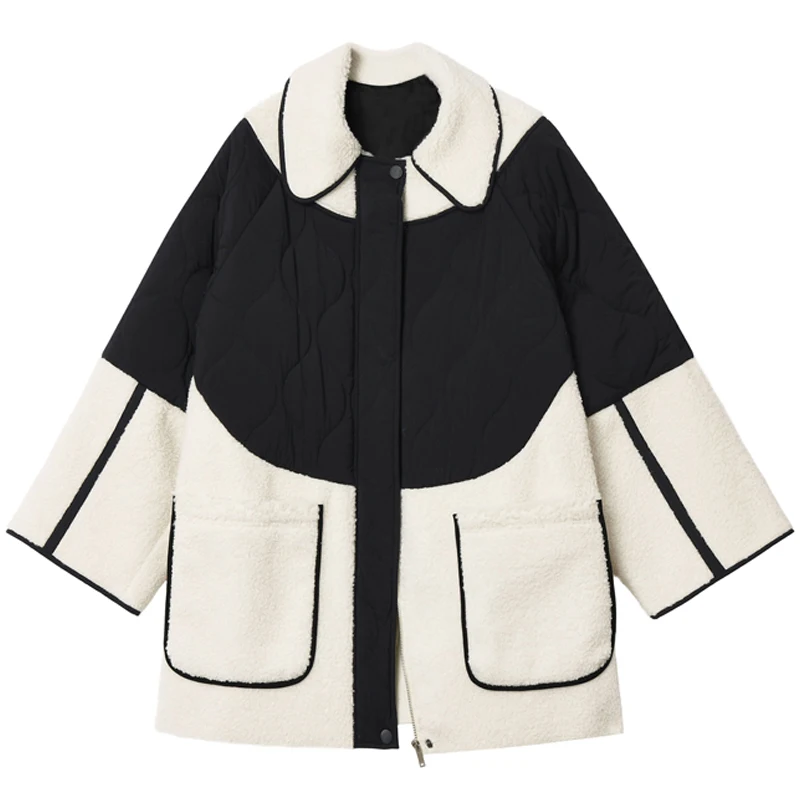 

SeeBeautiful Contrast Color Pockets Stitching Loose Thick Coat Lapel Long Sleeve Zipper Women Winter 2021 New Fashion Q092